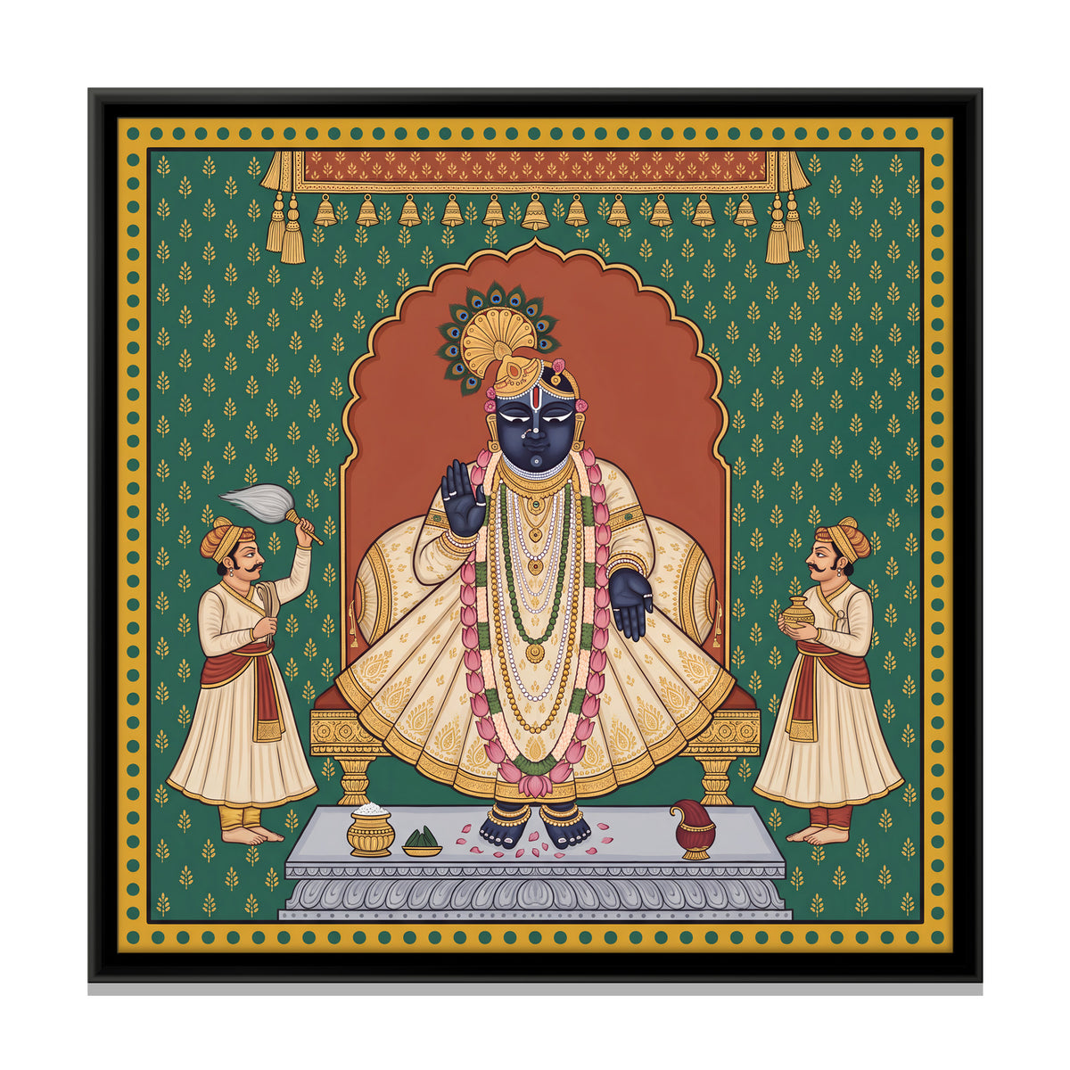 Shrinathji with Attendants - framed canvas print, front view