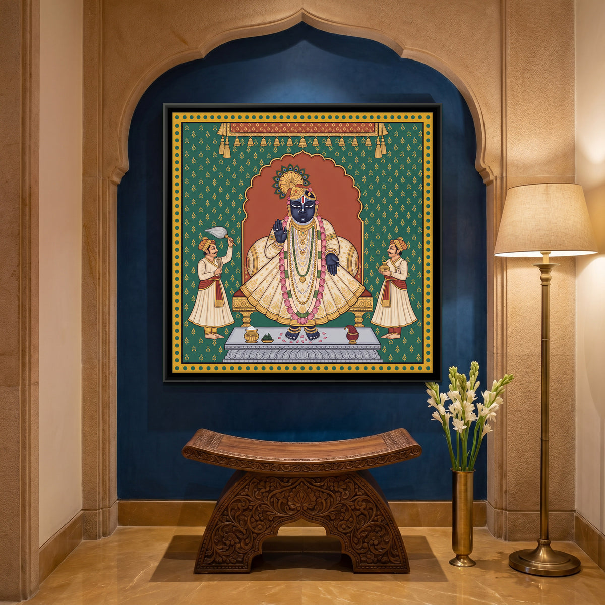 Shrinathji with Attendants - canvas art shown in a styled room
