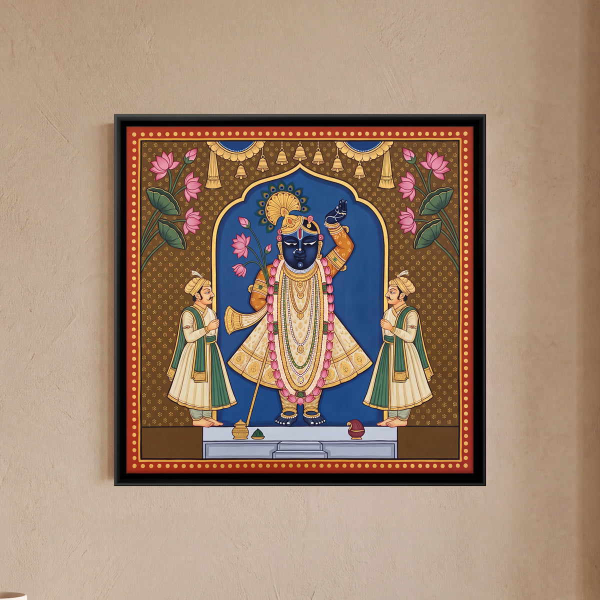 Shrinathji with Attendants - framed canvas art hung on a wall