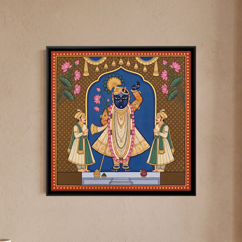Shrinathji with Attendants - framed canvas art hung on a wall