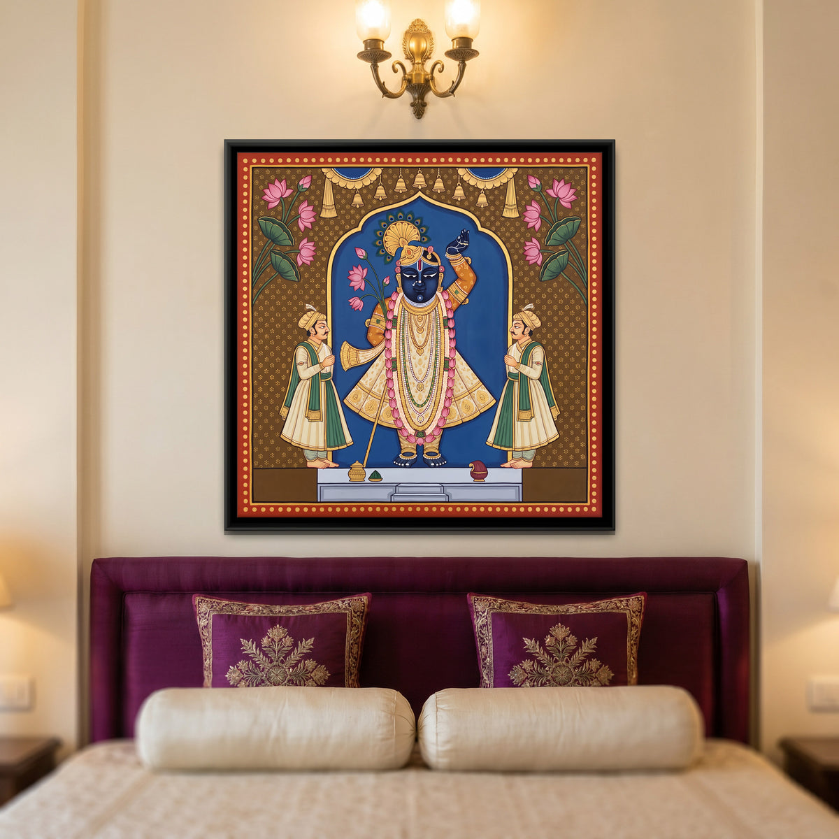 Shrinathji with Attendants - canvas art shown in a styled room