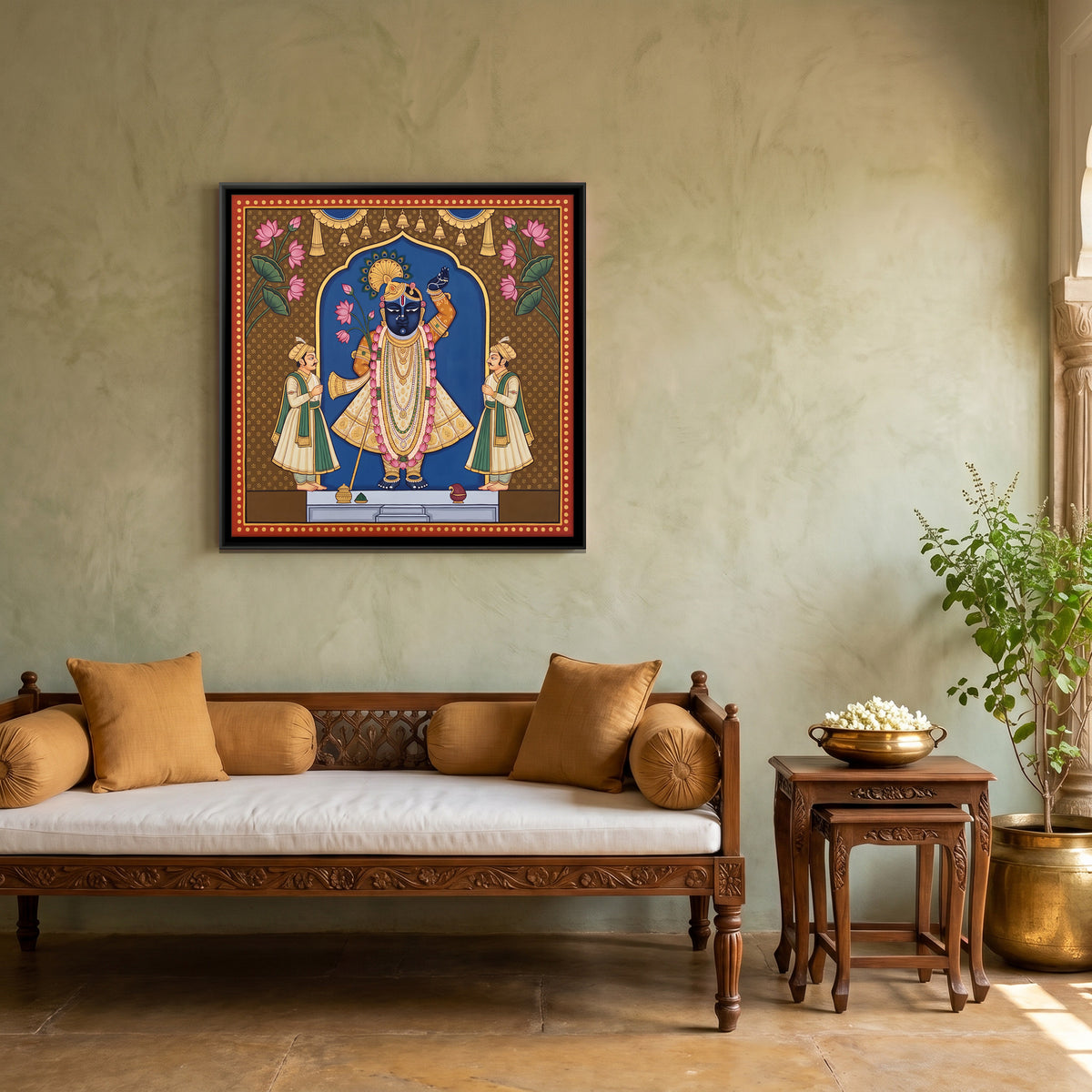 Shrinathji with Attendants - canvas art shown in a second room setting