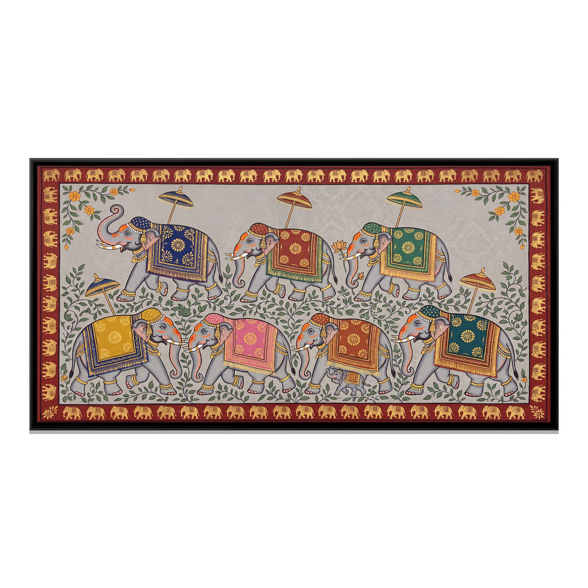 Elephant Procession - framed canvas print, front view