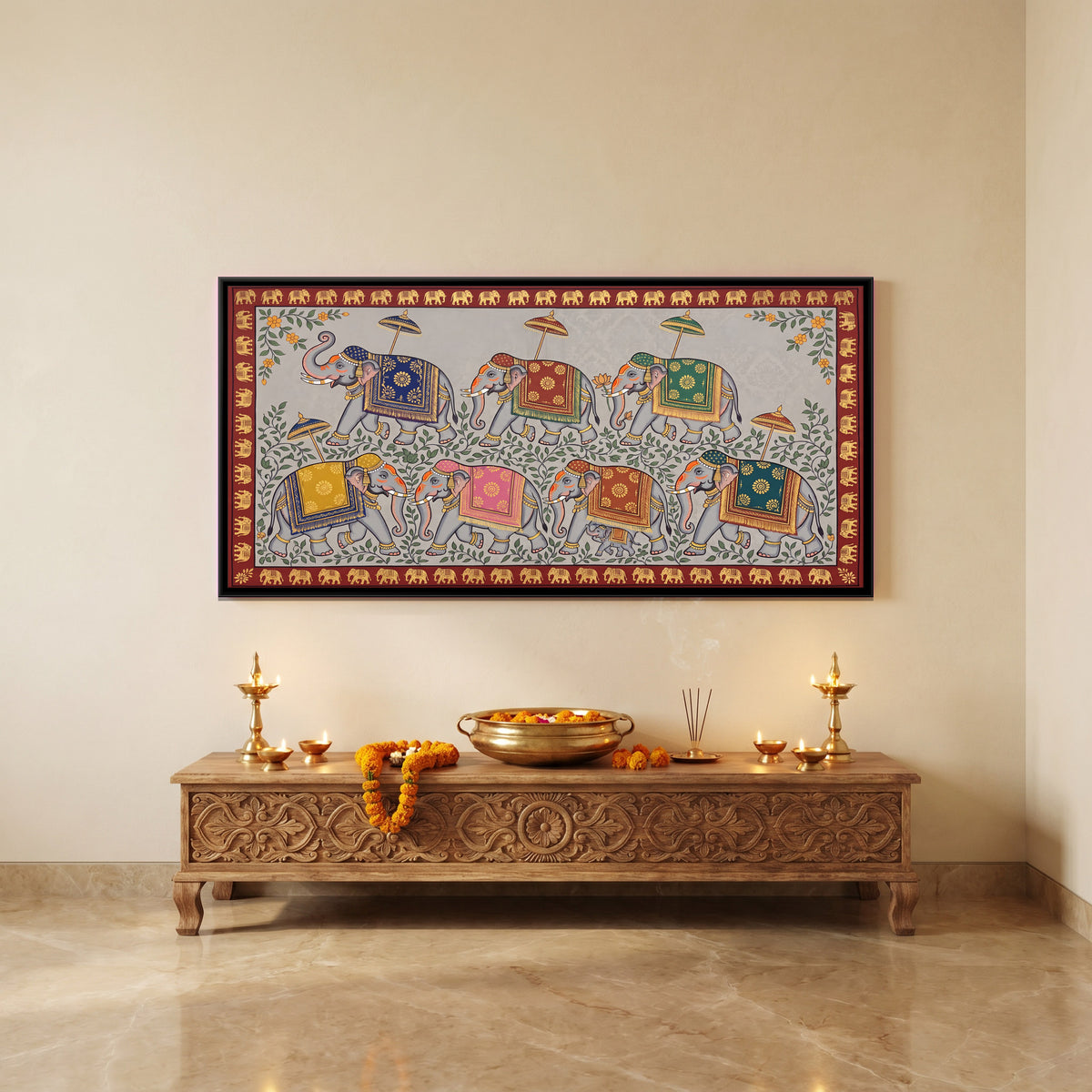 Elephant Procession - canvas art shown in a styled room