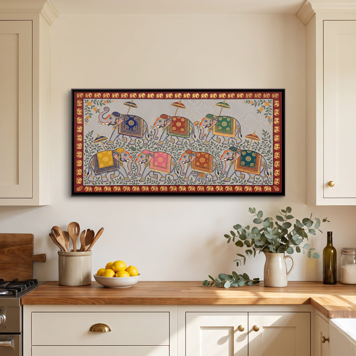 Elephant Procession - canvas art shown in a second room setting