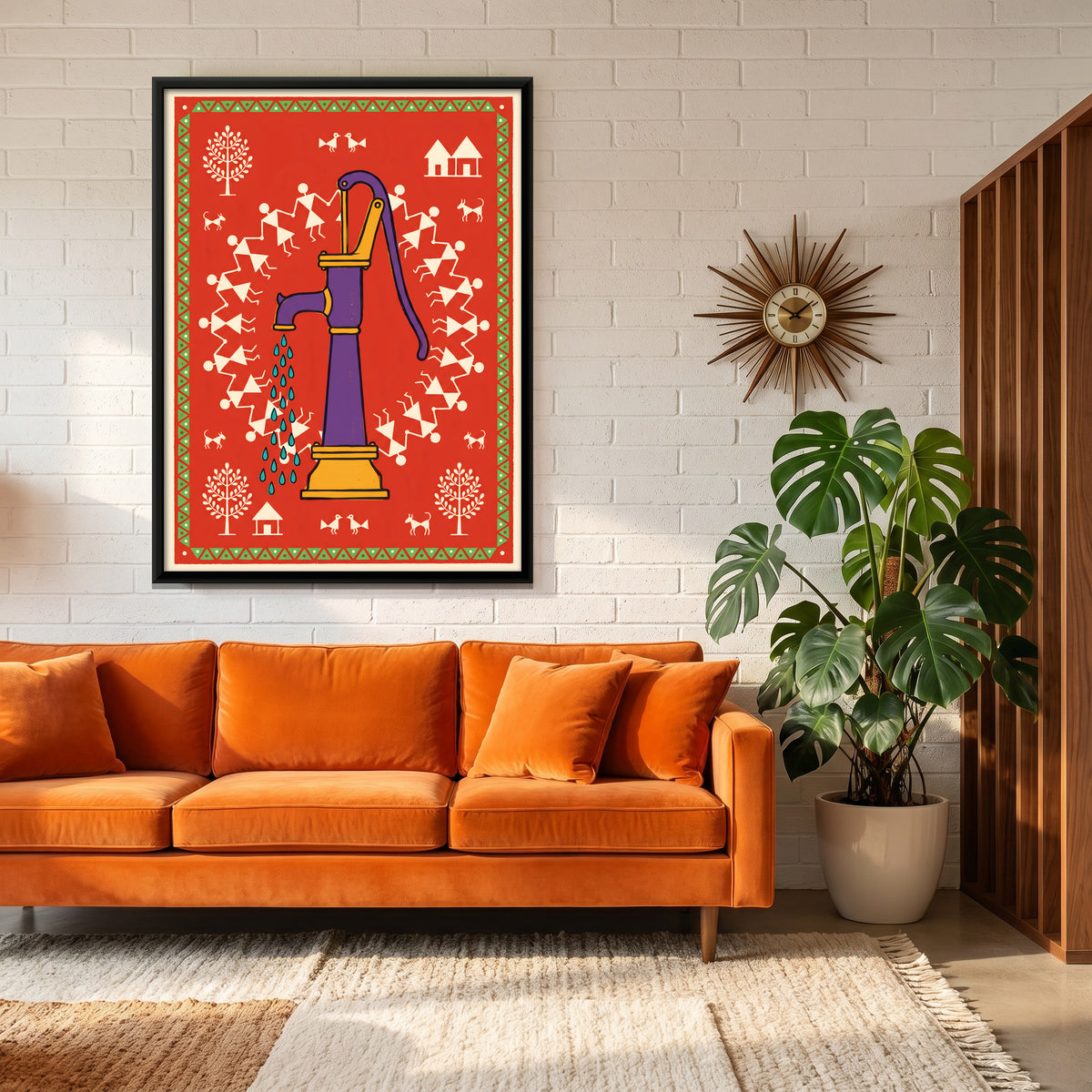 Village Hand Pump - canvas art shown in a styled room