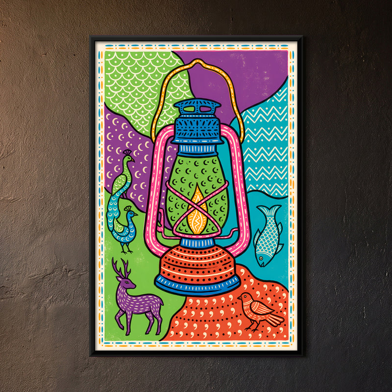 Hurricane Lantern with Peacock and Deer - framed canvas art hung on a wall