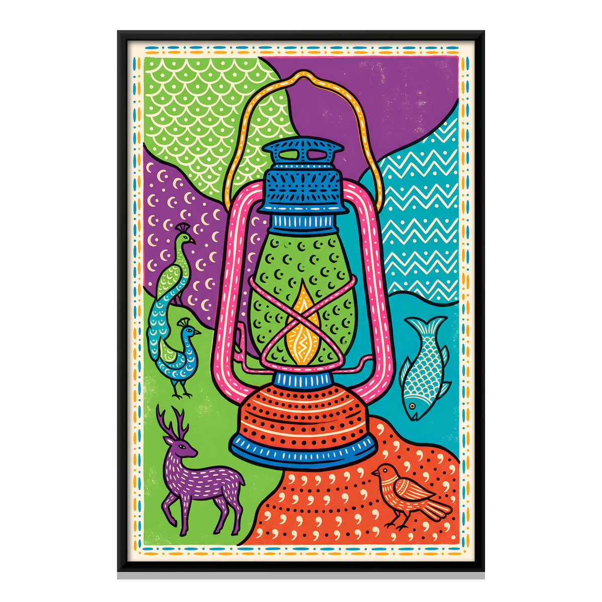 Hurricane Lantern with Peacock and Deer - framed canvas print, front view