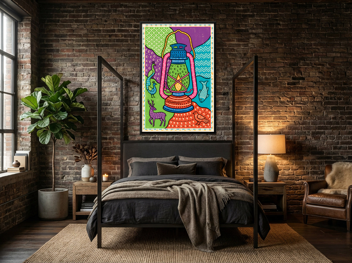 Hurricane Lantern with Peacock and Deer - canvas art shown in a styled room