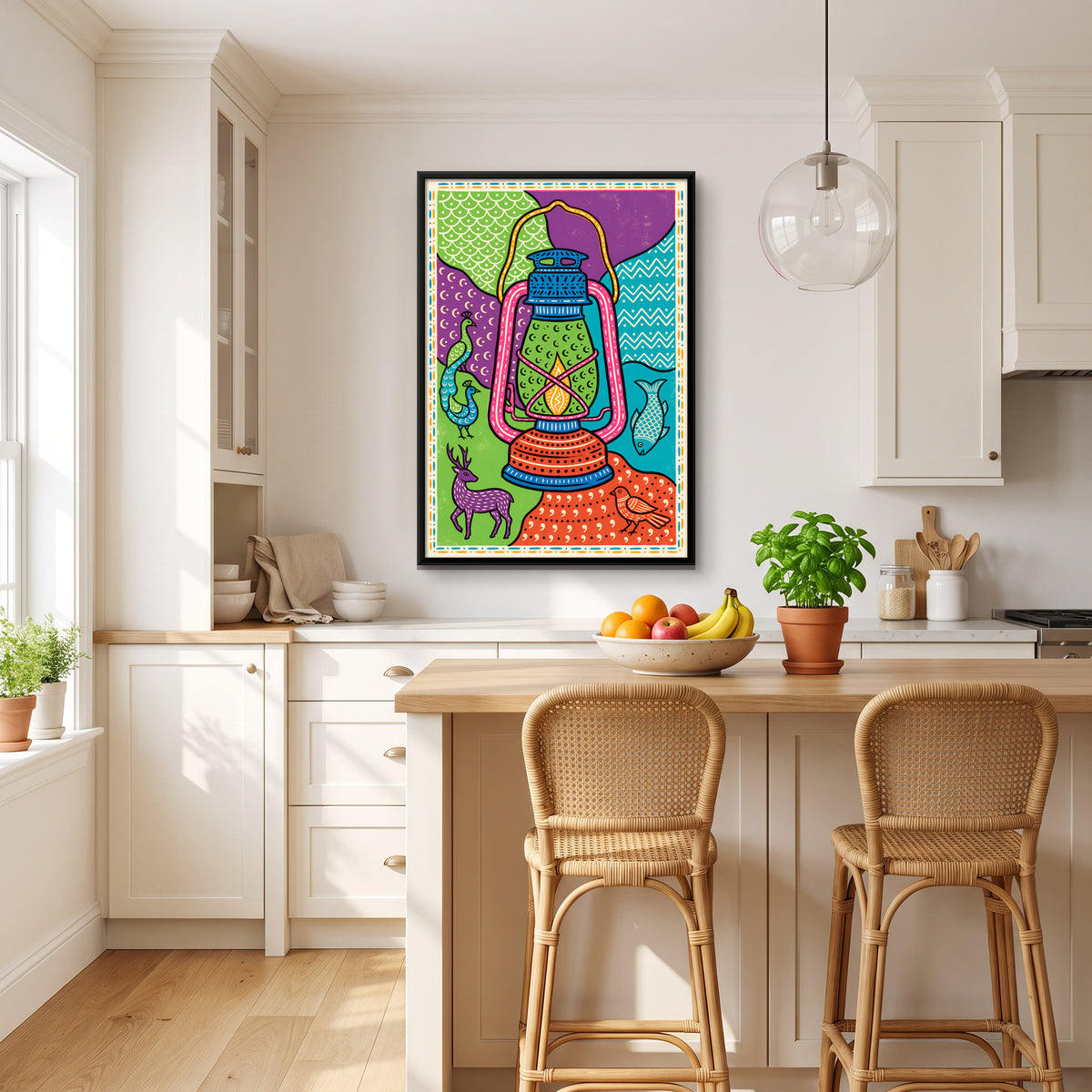 Hurricane Lantern with Peacock and Deer - canvas art shown in a second room setting