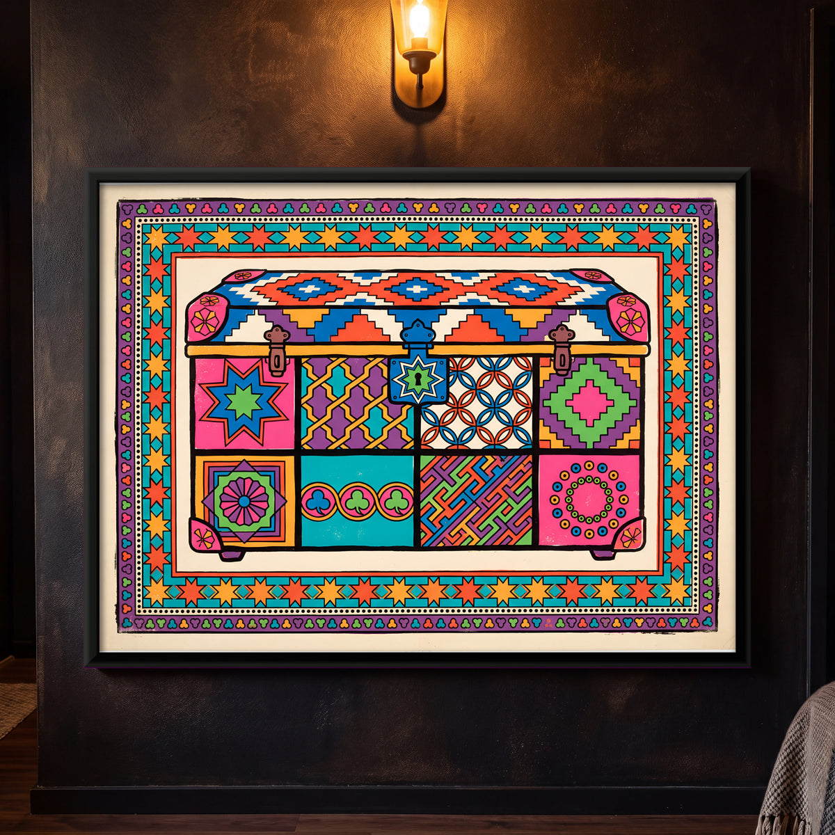 Patchwork Storage Trunk - framed canvas art hung on a wall