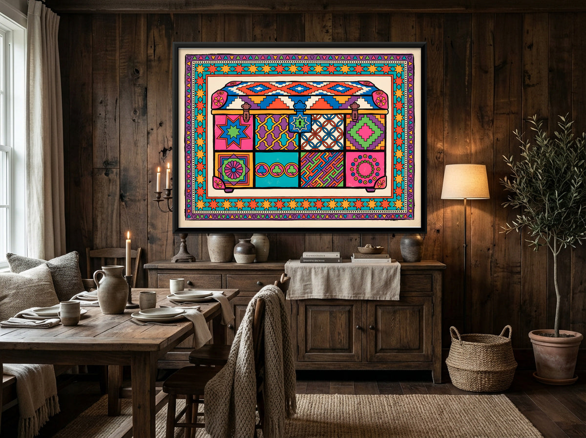 Patchwork Storage Trunk - canvas art shown in a second room setting