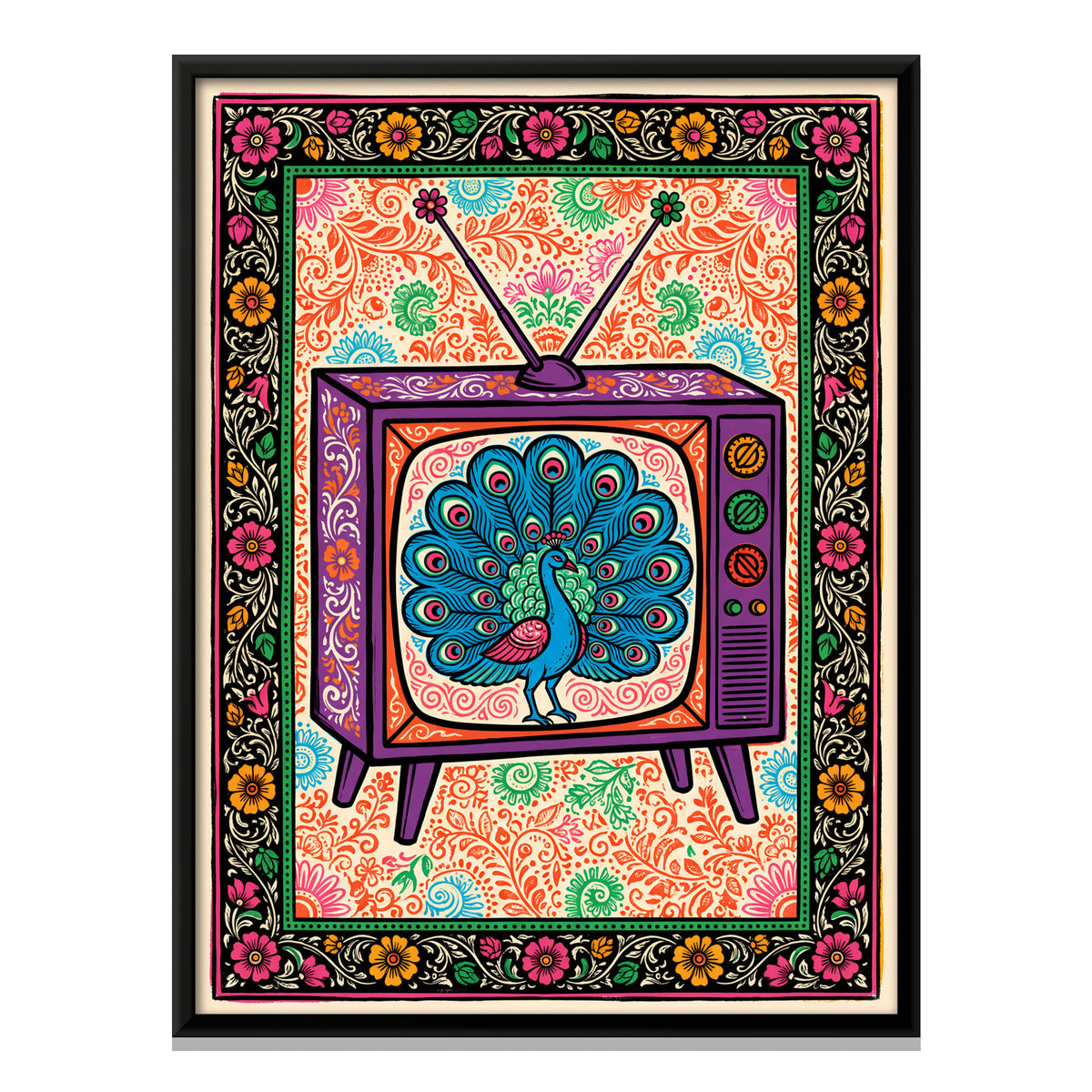 Vintage Television with Peacock - framed canvas print, front view