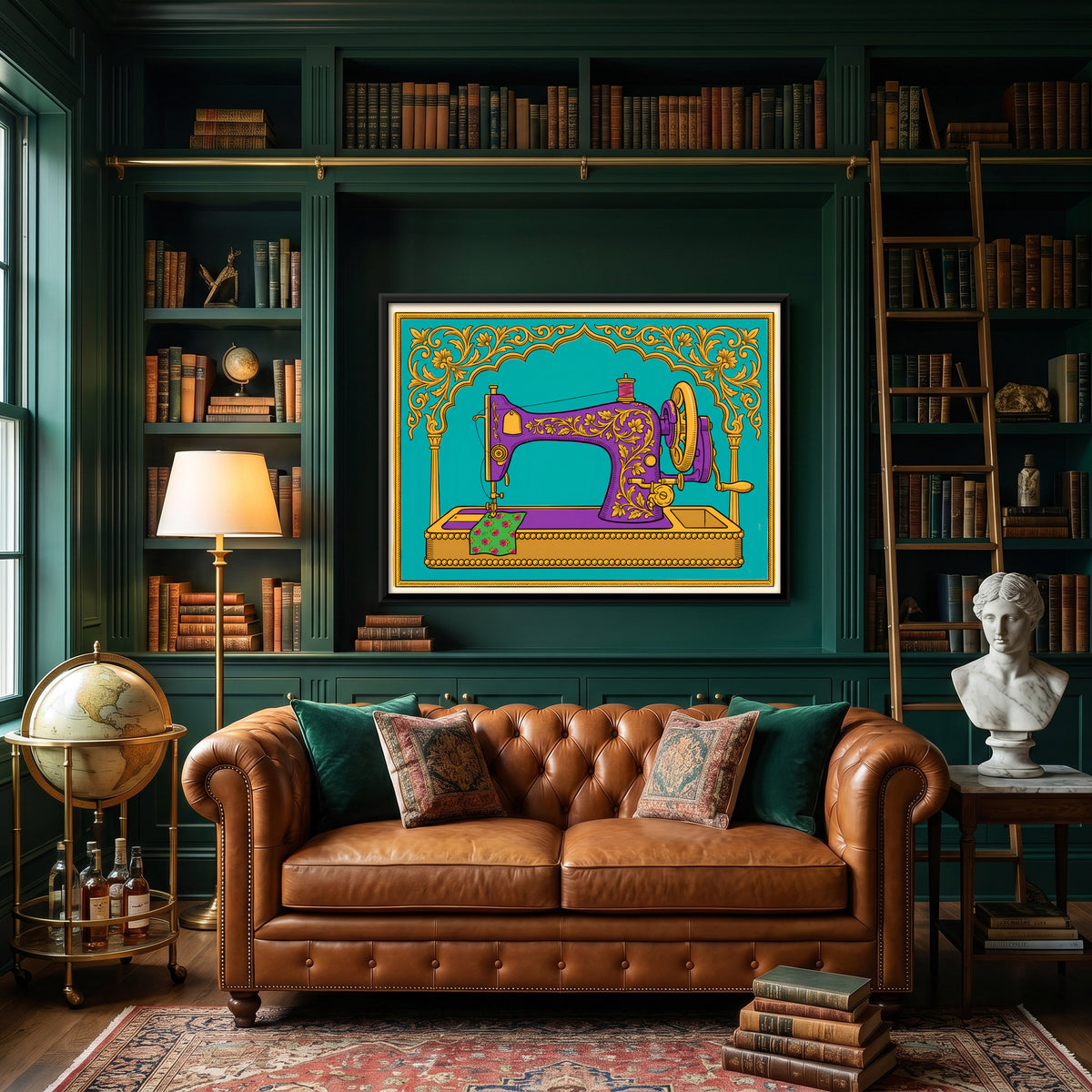 Hand-Crank Sewing Machine - canvas art shown in a second room setting