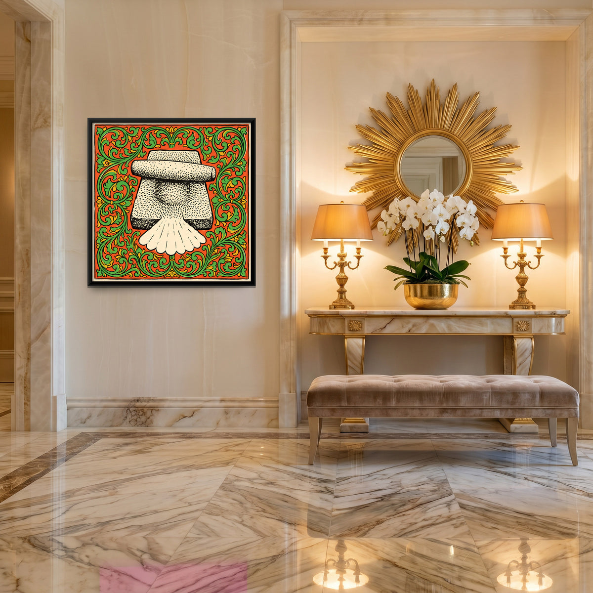 Sil Batta Grinding Stone - canvas art shown in a second room setting
