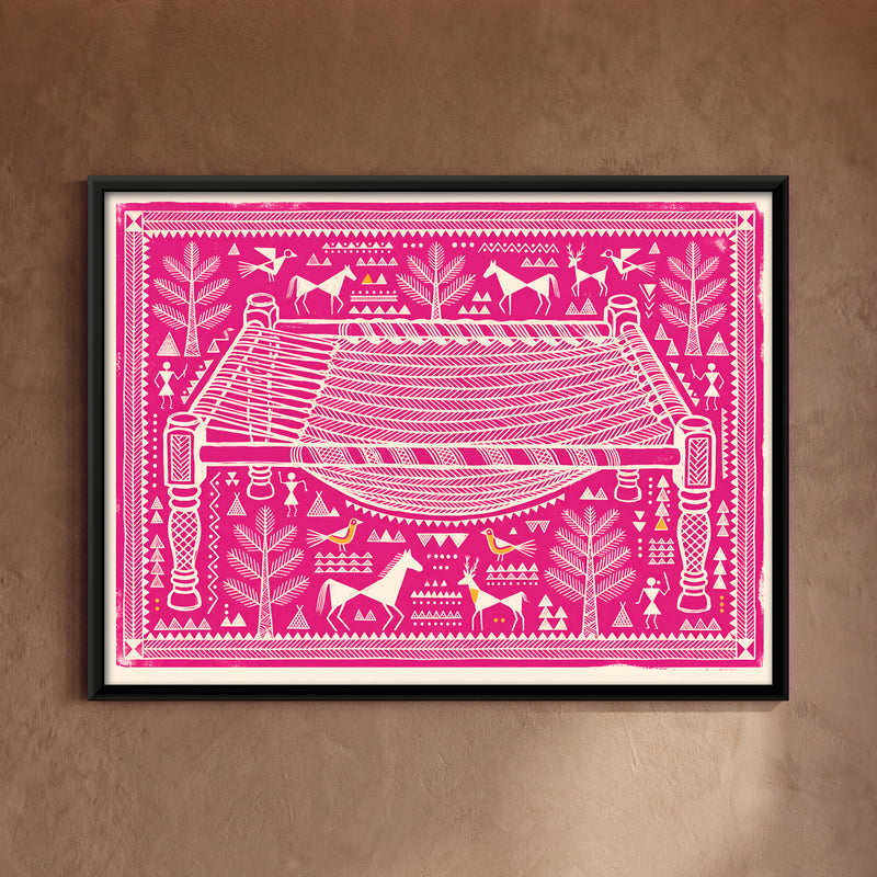 Charpai Rope Cot - framed canvas art hung on a wall