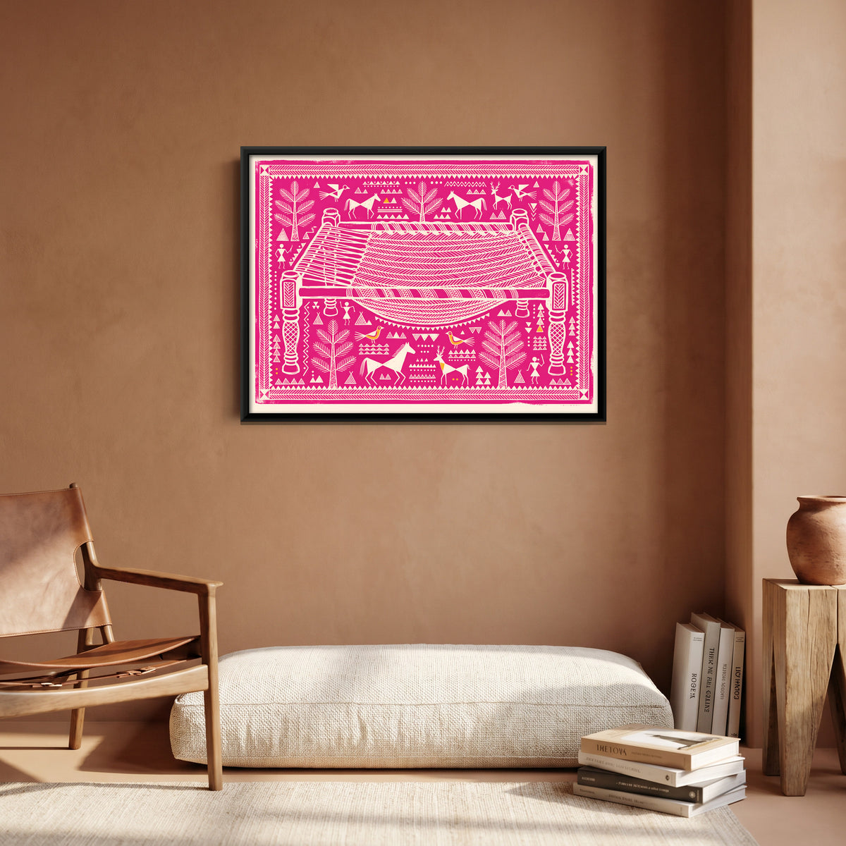 Charpai Rope Cot - canvas art shown in a styled room
