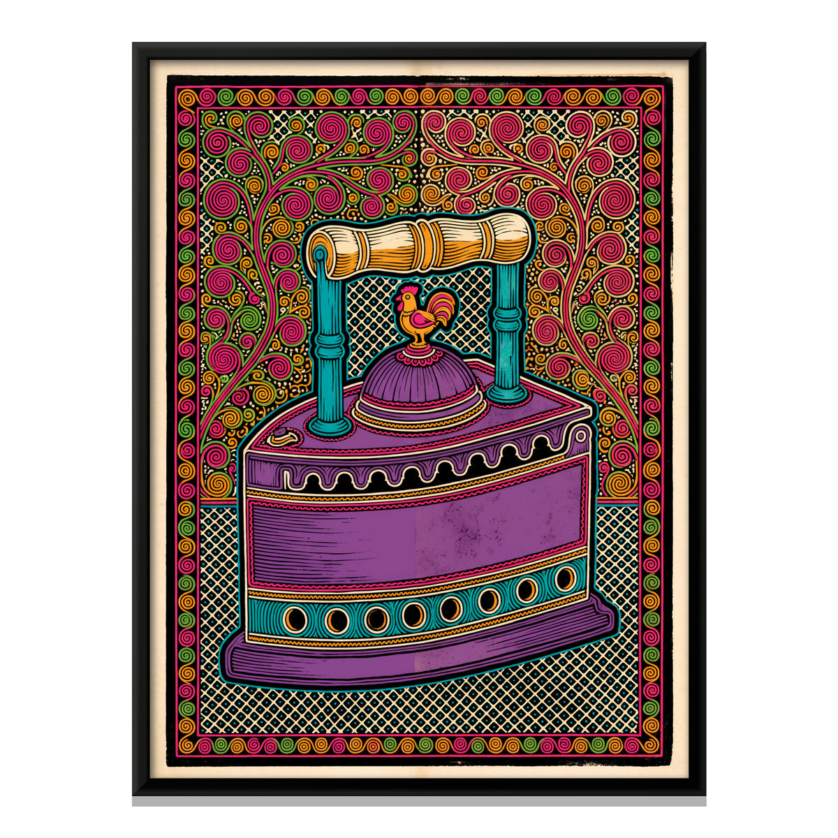 Coal Iron with Rooster - framed canvas print, front view