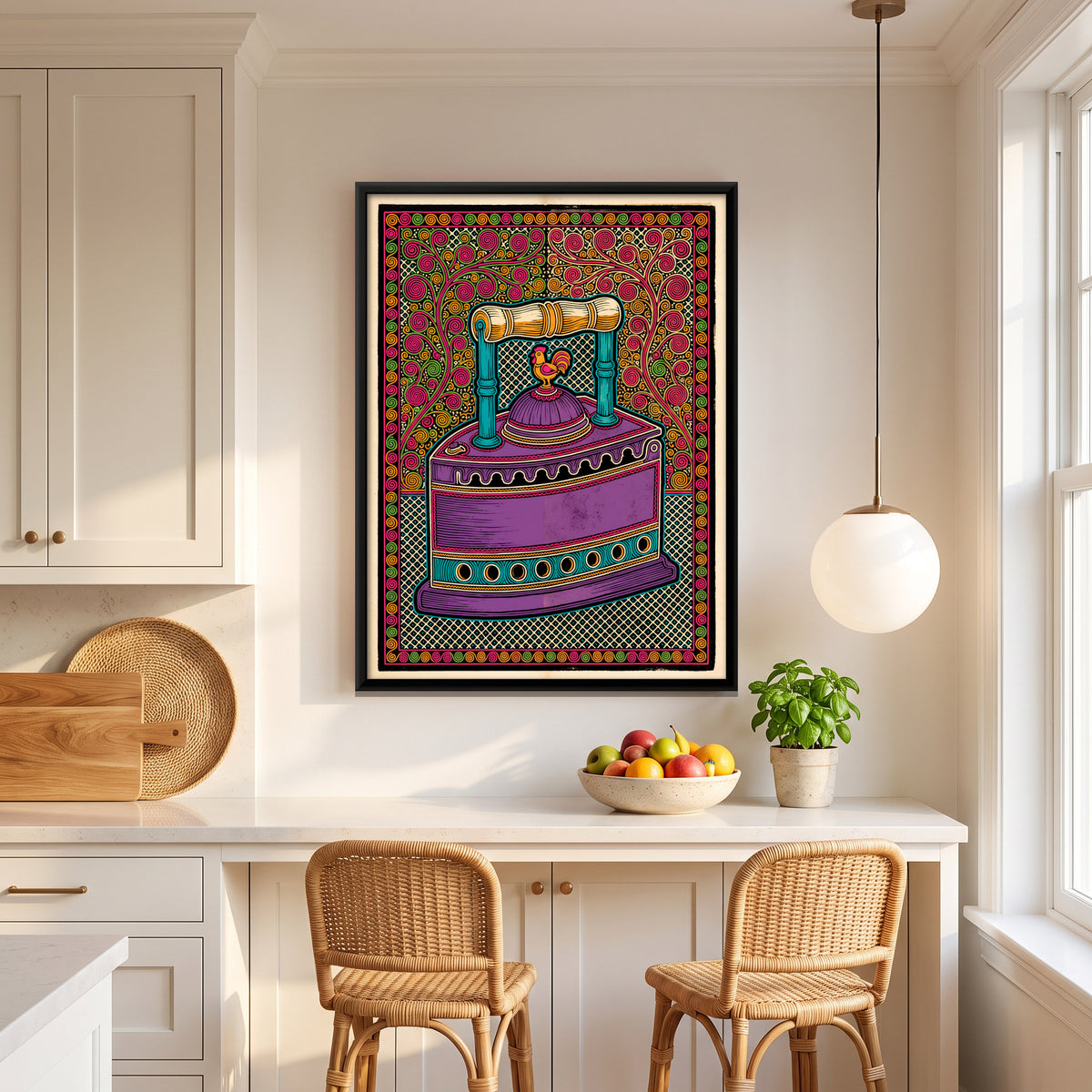 Coal Iron with Rooster - canvas art shown in a styled room