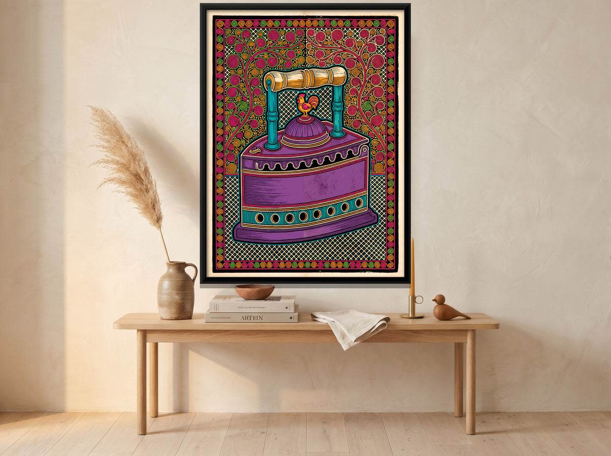 Coal Iron with Rooster - canvas art shown in a second room setting