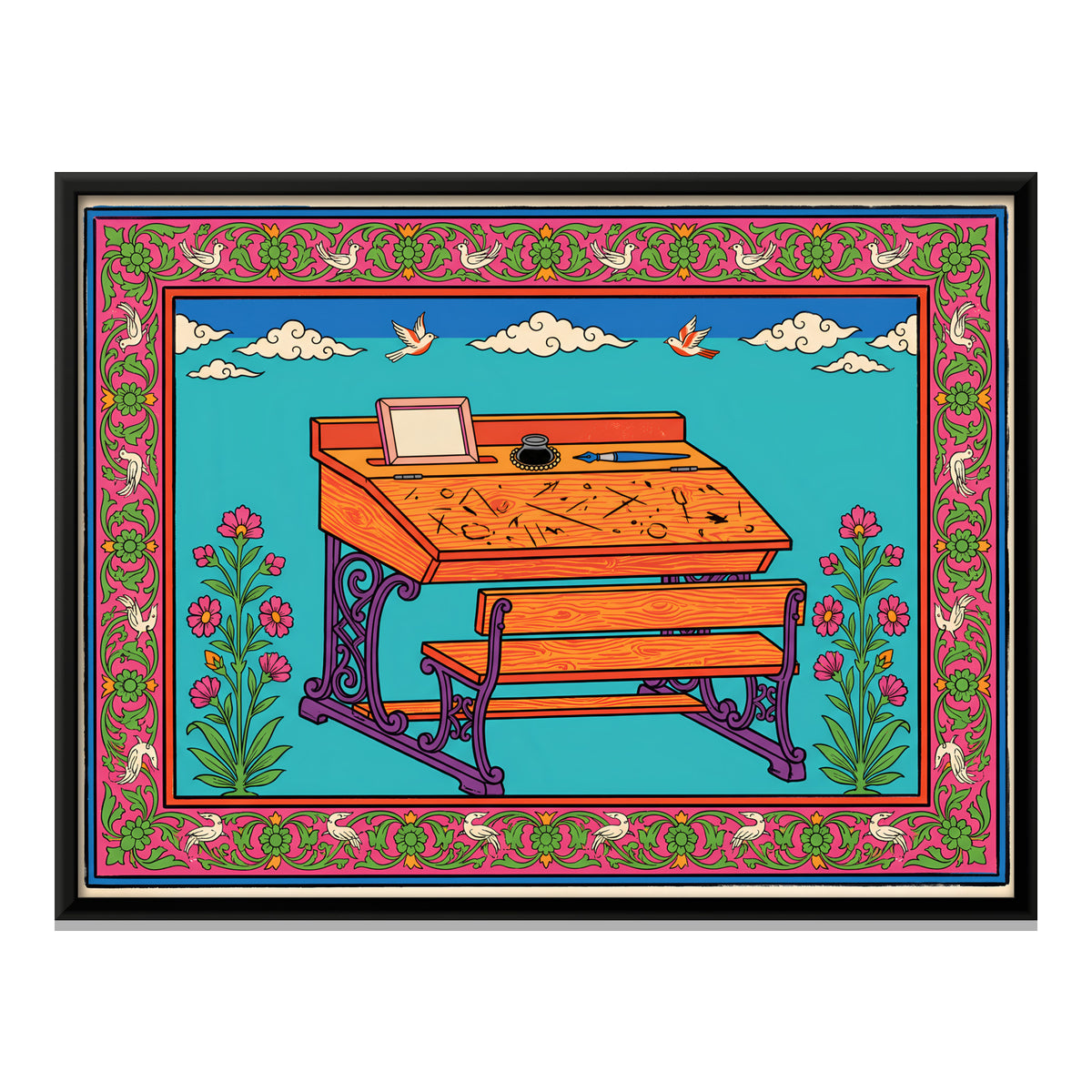 School Desk and Bench - framed canvas print, front view