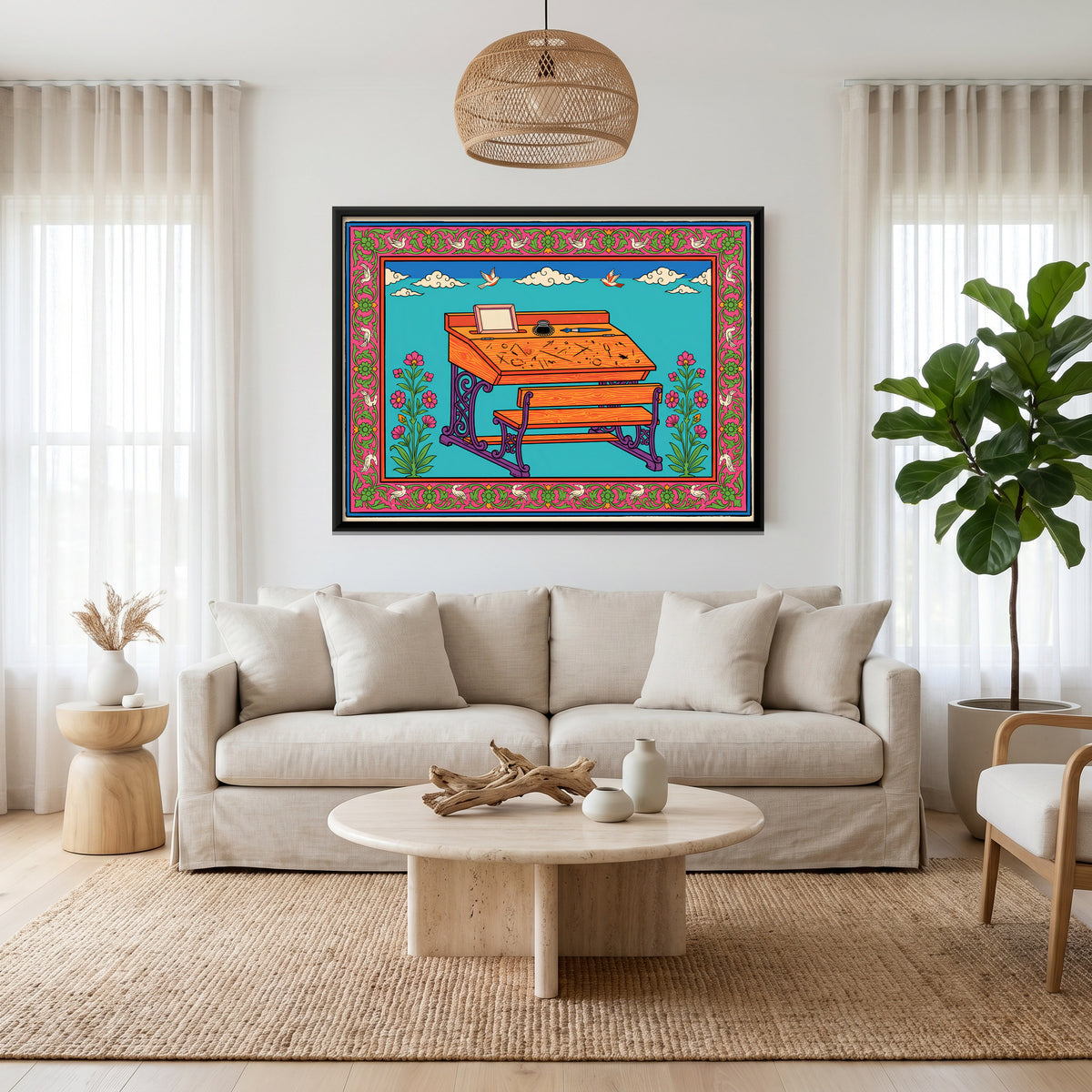 School Desk and Bench - canvas art shown in a styled room