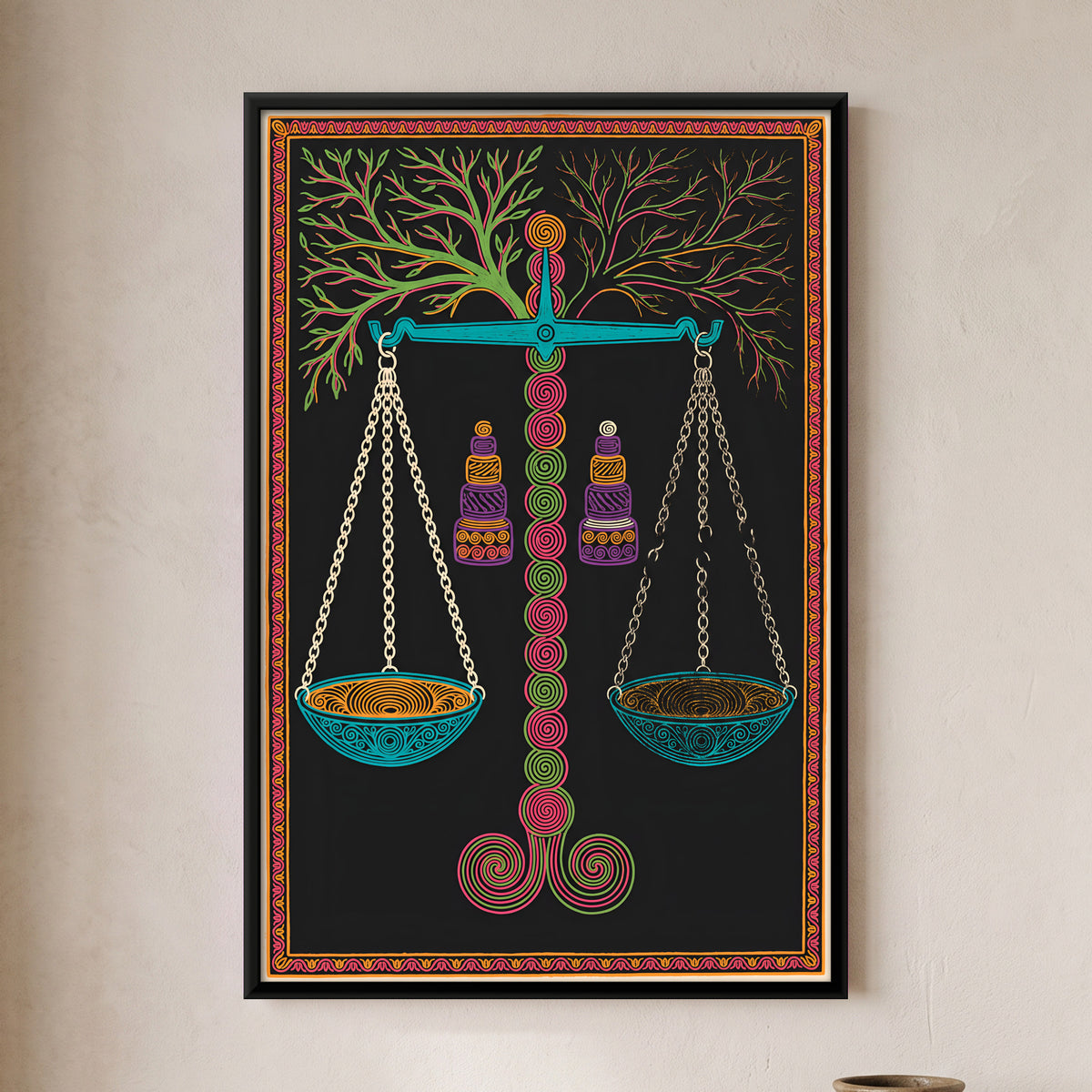 Weighing Scales with Trees - framed canvas art hung on a wall