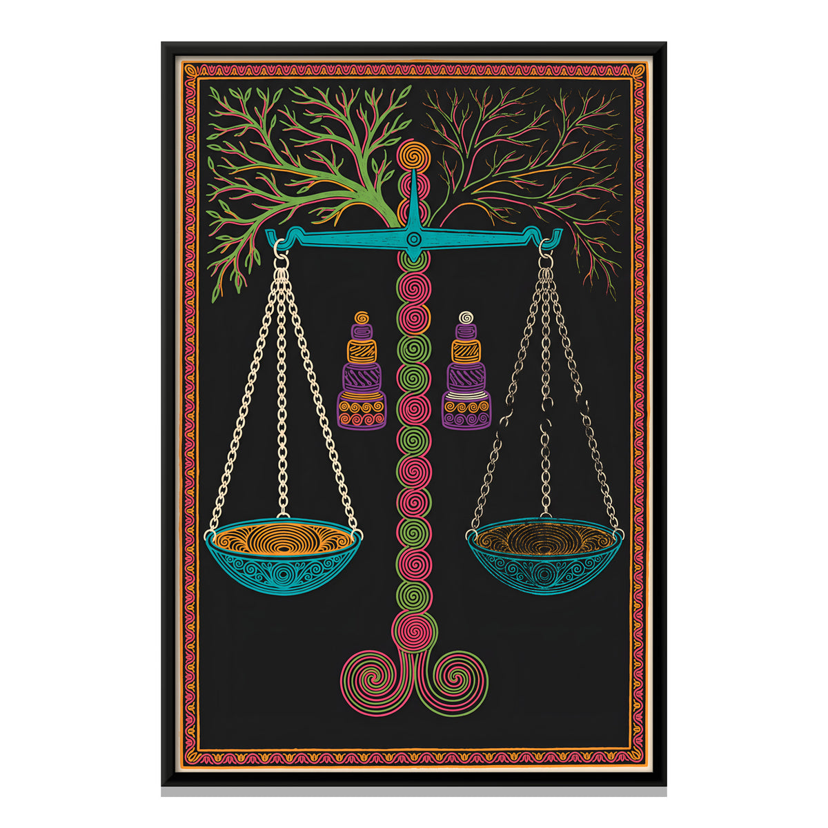 Weighing Scales with Trees - framed canvas print, front view