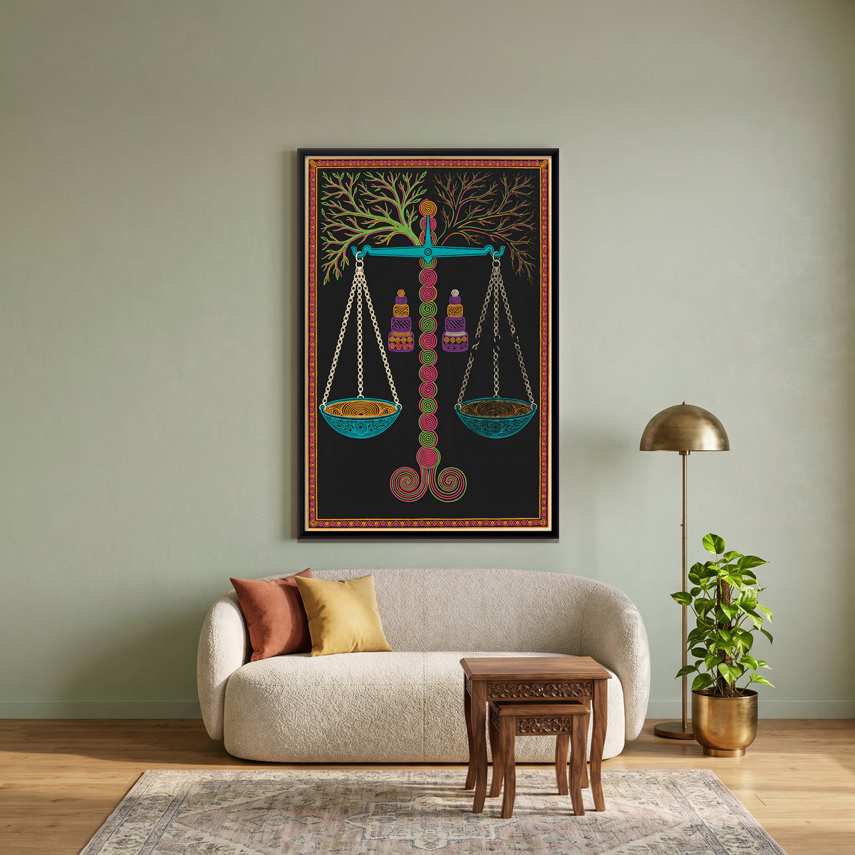 Weighing Scales with Trees - canvas art shown in a second room setting
