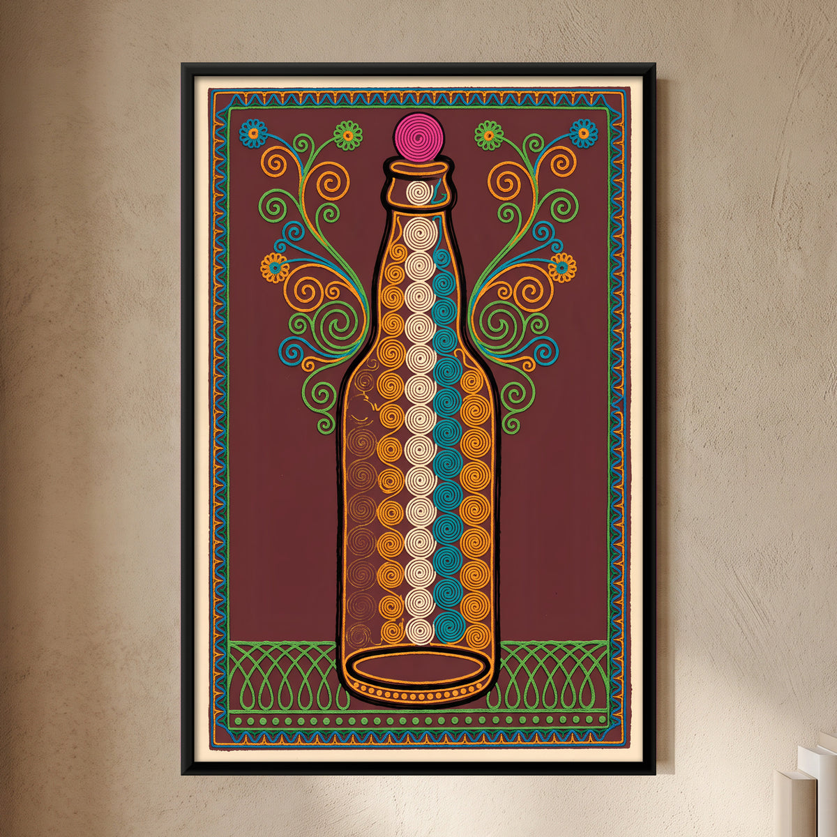 Glass Bottle with Flowering Vines - framed canvas art hung on a wall