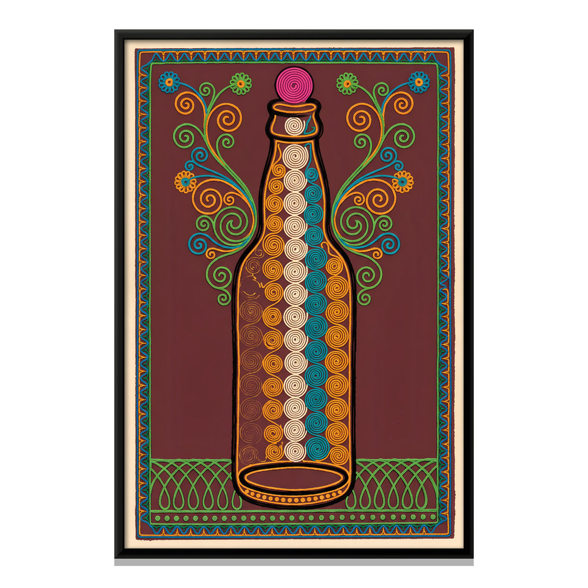 Glass Bottle with Flowering Vines - framed canvas print, front view