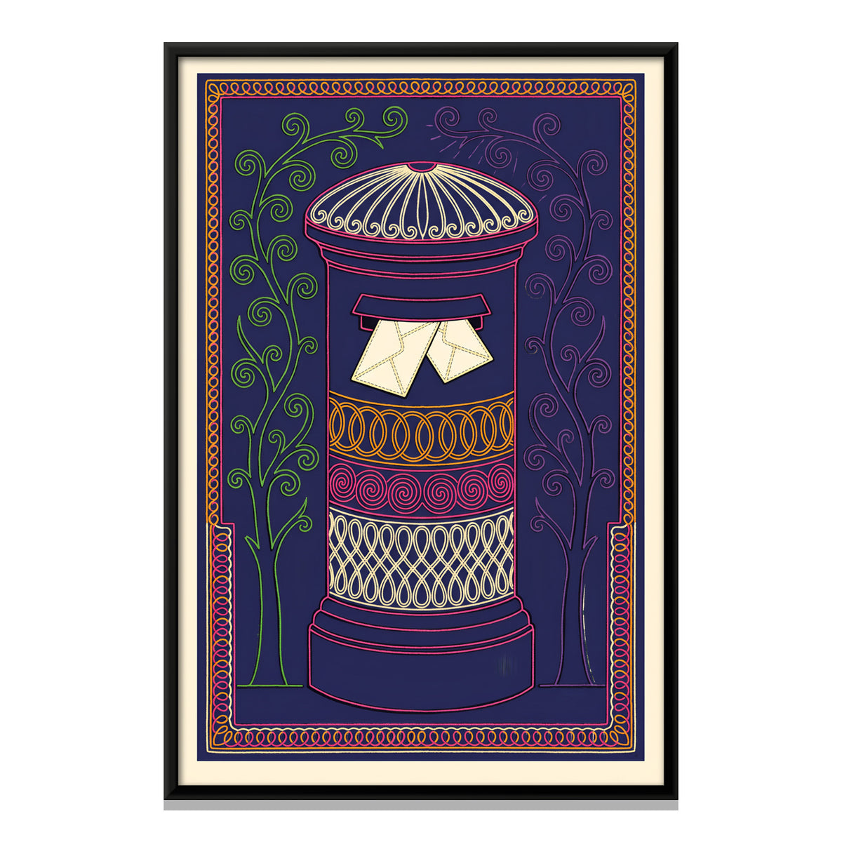 Postbox with Letters - framed canvas print, front view