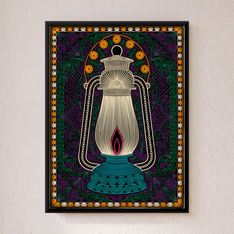 Hurricane Lantern - framed canvas art hung on a wall