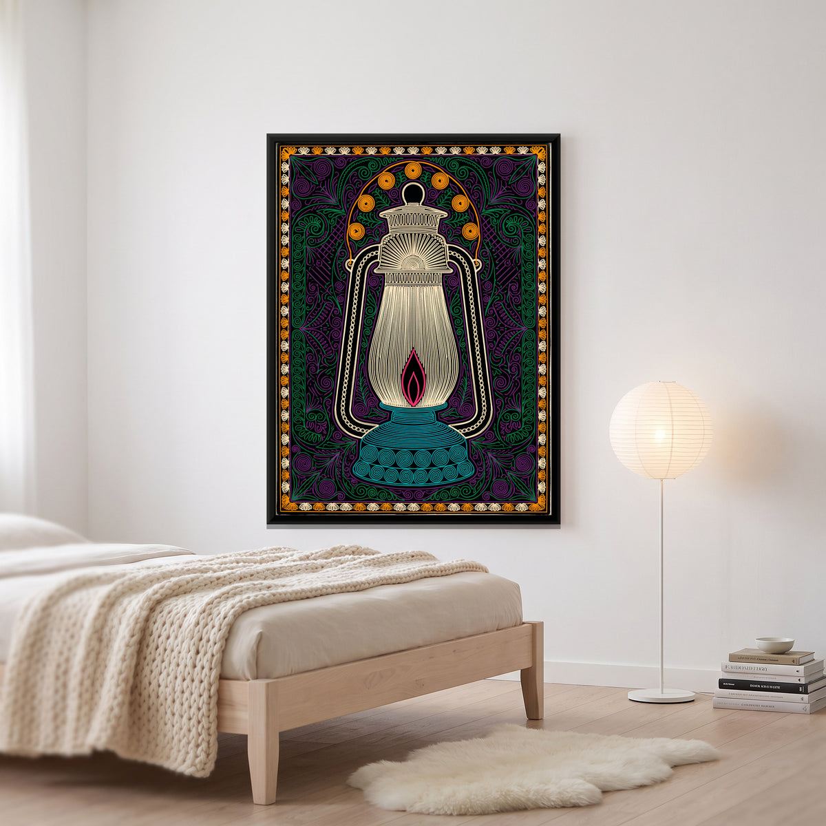 Hurricane Lantern - canvas art shown in a styled room