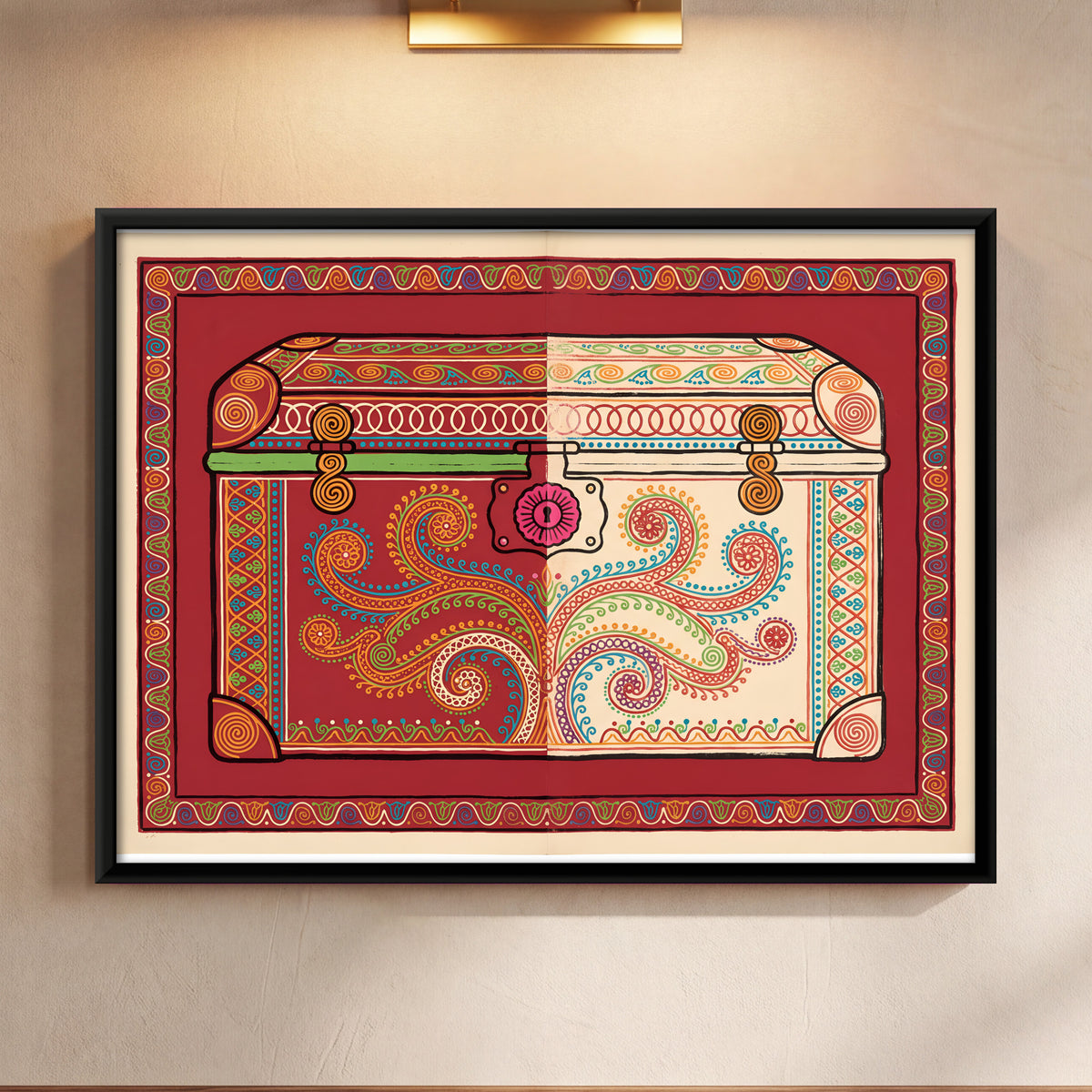 Paisley Storage Trunk - framed canvas art hung on a wall