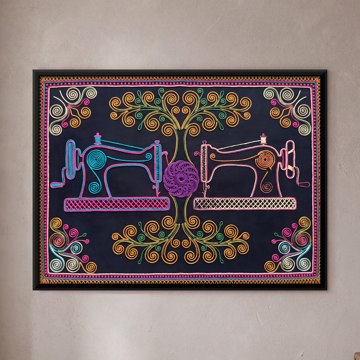 Sewing Machines with Scrolling Vines - framed canvas art hung on a wall