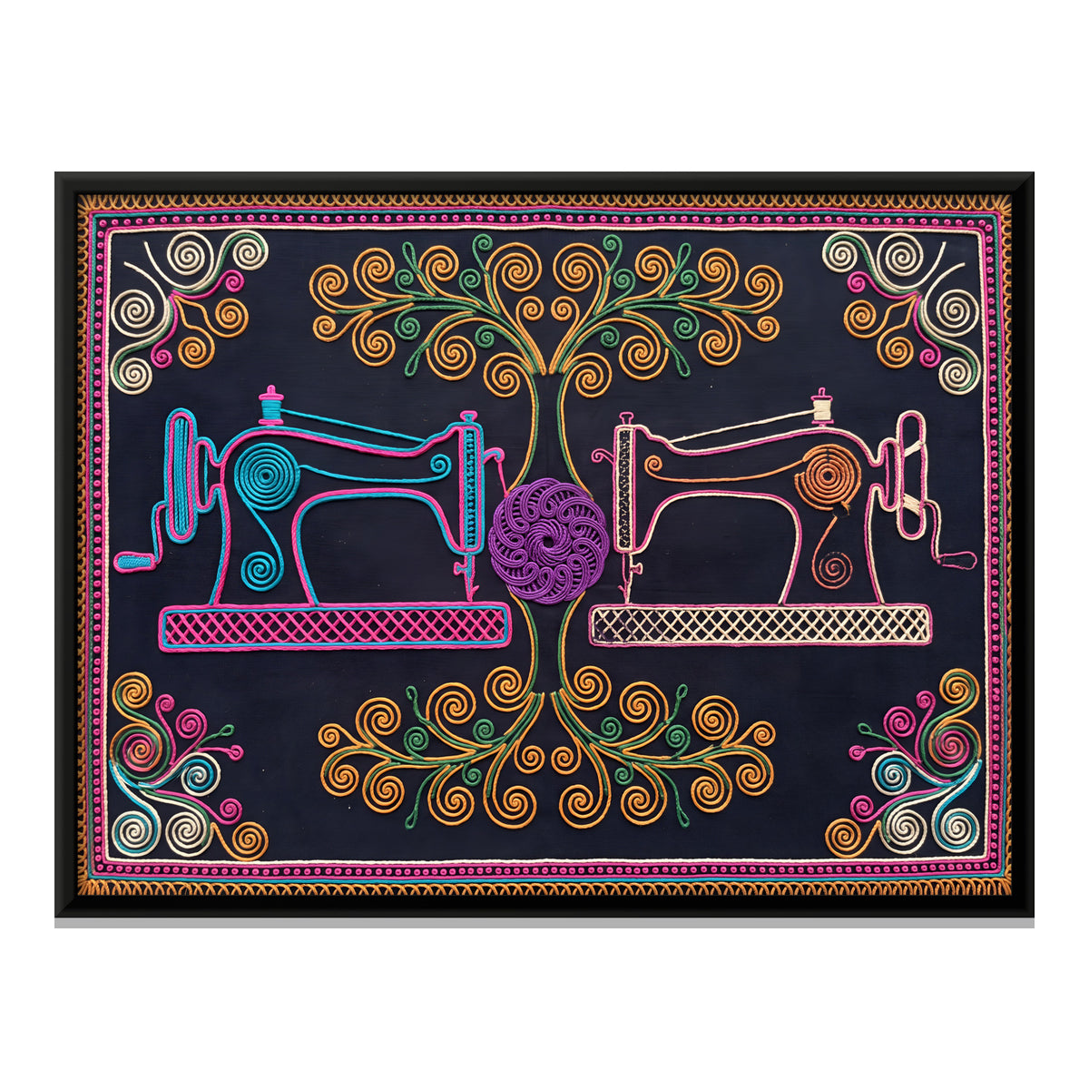 Sewing Machines with Scrolling Vines - framed canvas print, front view
