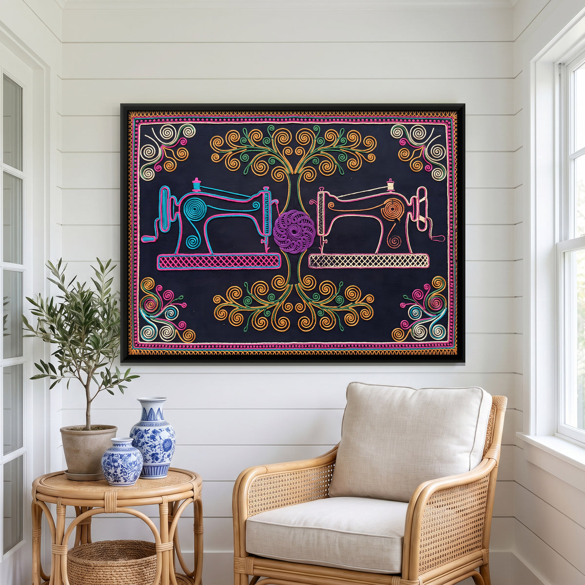 Sewing Machines with Scrolling Vines - canvas art shown in a styled room