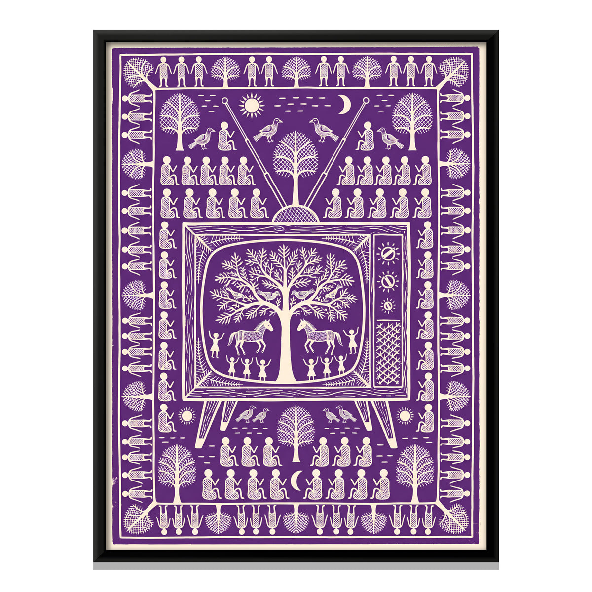Villagers Watching Television - framed canvas print, front view