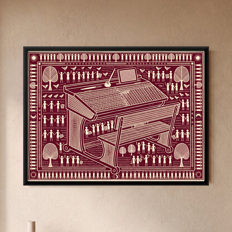 School Desk and Bench - framed canvas art hung on a wall