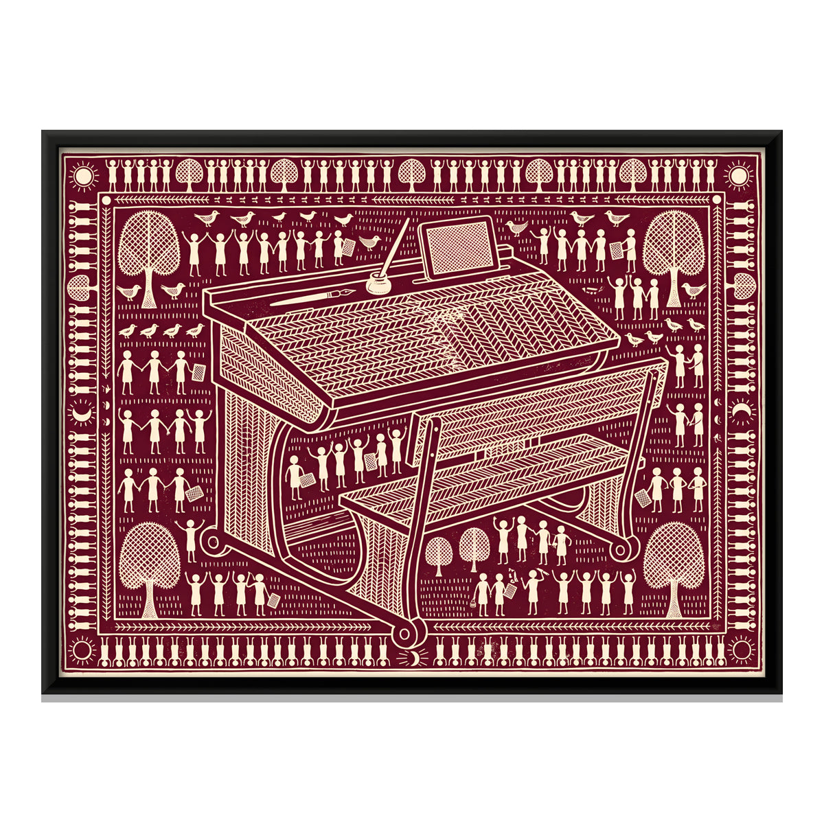 School Desk and Bench - framed canvas print, front view