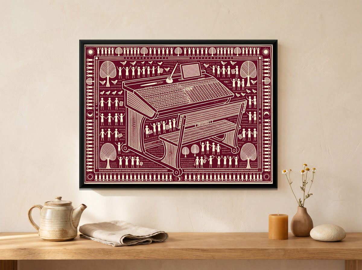 School Desk and Bench - canvas art shown in a styled room