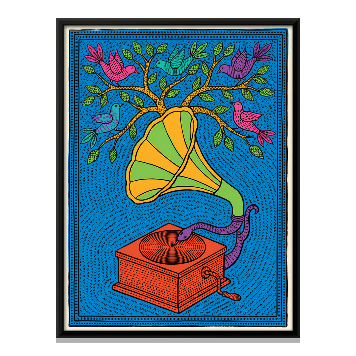 Gramophone with Birds in a Tree - framed canvas print, front view