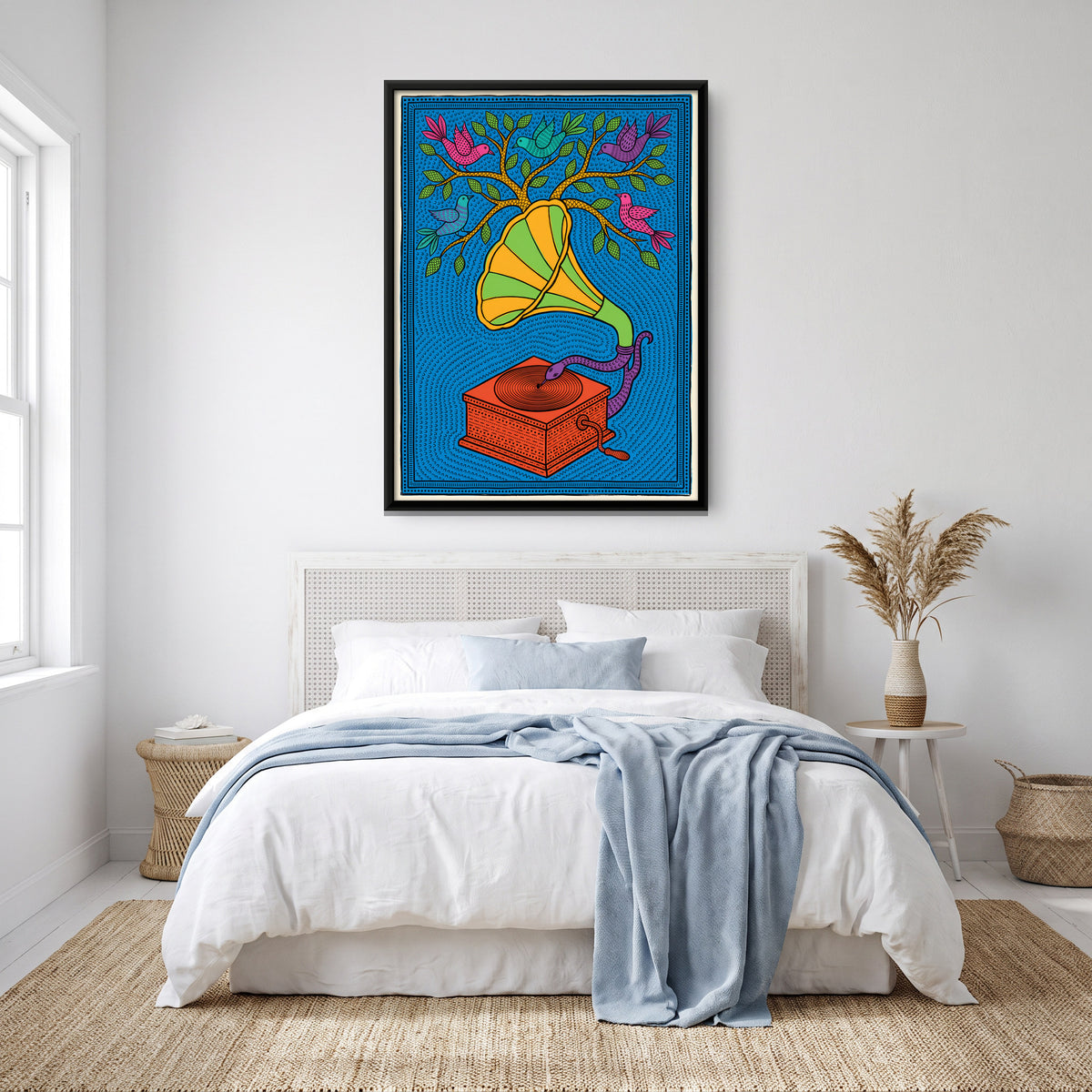 Gramophone with Birds in a Tree - canvas art shown in a second room setting