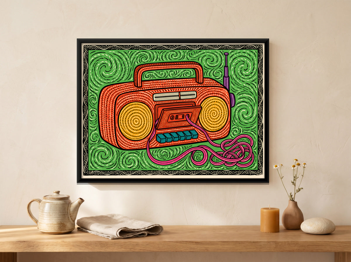 Radio Cassette Player - canvas art shown in a styled room