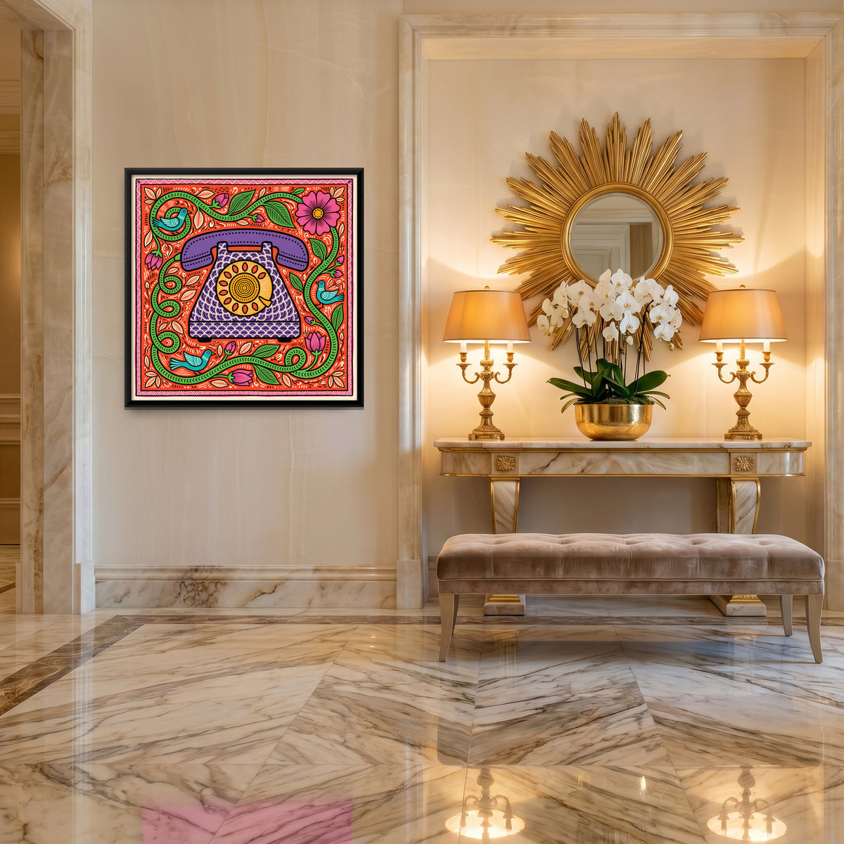 Rotary Dial Telephone - canvas art shown in a second room setting