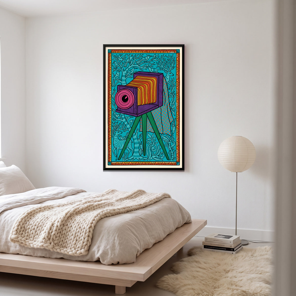 Bellows Camera on a Tripod - canvas art shown in a styled room