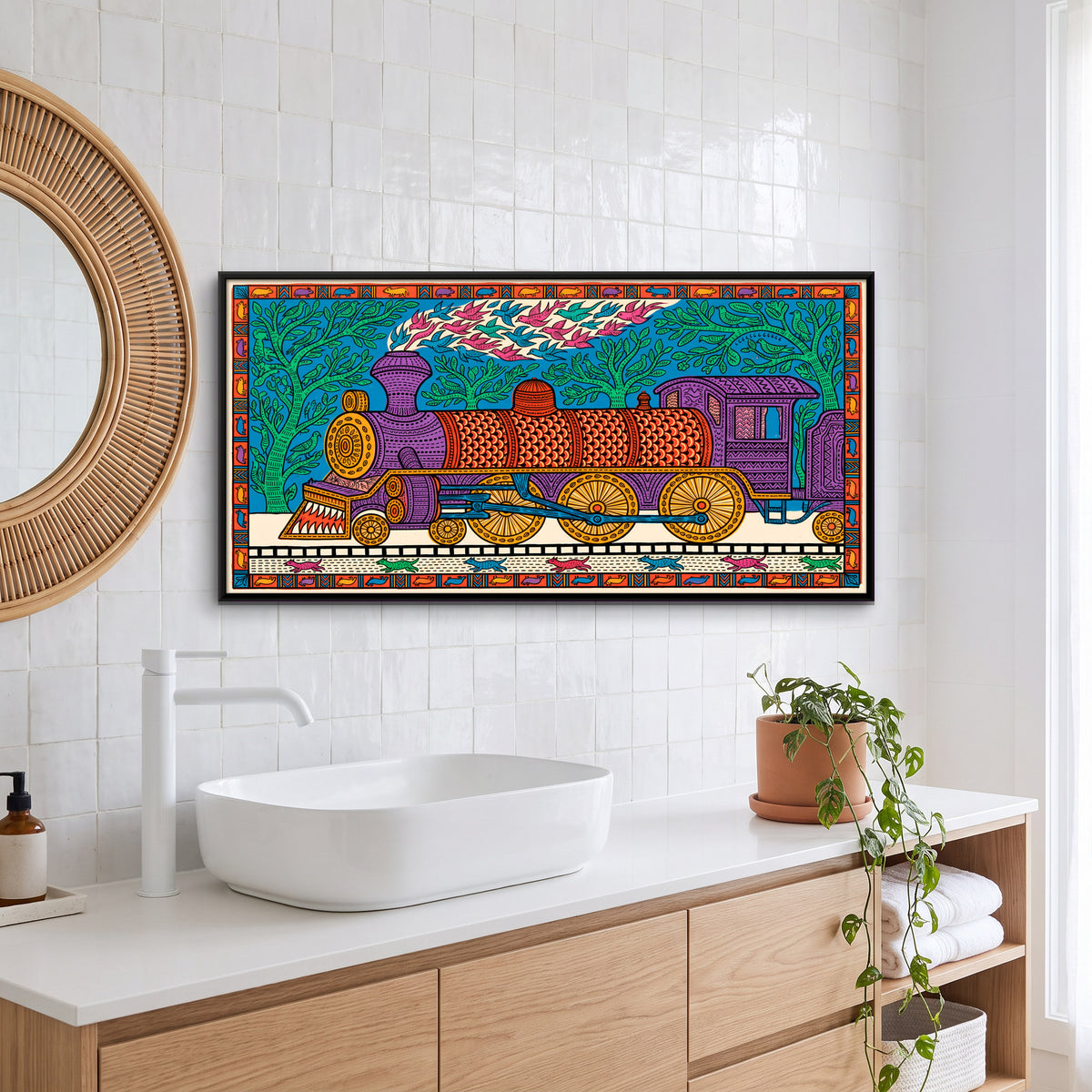 Steam Locomotive - canvas art shown in a styled room