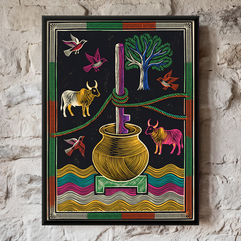 Butter Churn with Bulls - framed canvas art hung on a wall