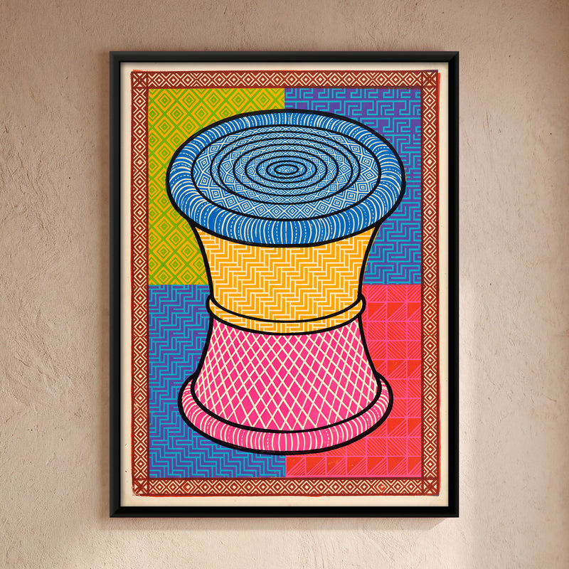 Woven Cane Stool - framed canvas art hung on a wall